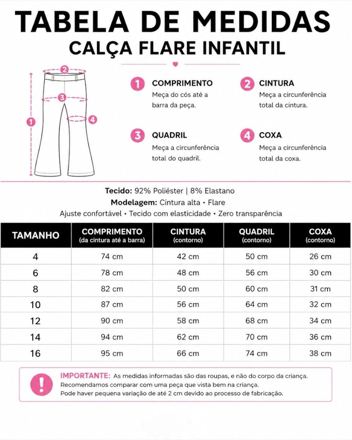 tabela medidas calça fler menina